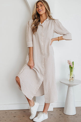 Golden Hour Khaki Stripe Button-Front Shirt Maxi Dress with Pockets