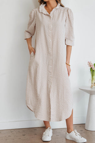 Golden Hour Khaki Stripe Button-Front Shirt Maxi Dress with Pockets