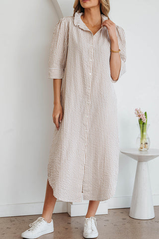 Golden Hour Khaki Stripe Button-Front Shirt Maxi Dress with Pockets