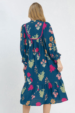 Luke & Estelle Midnight Bloom Gathered-Neck Midi Dress