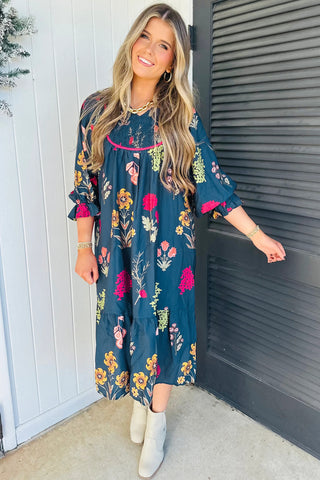 Luke & Estelle Midnight Bloom Gathered-Neck Midi Dress