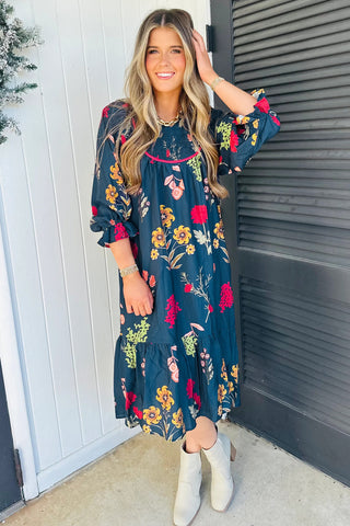 Luke & Estelle Midnight Bloom Gathered-Neck Midi Dress