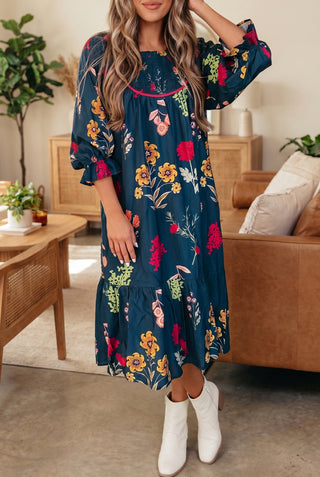 Luke & Estelle Midnight Bloom Gathered-Neck Midi Dress