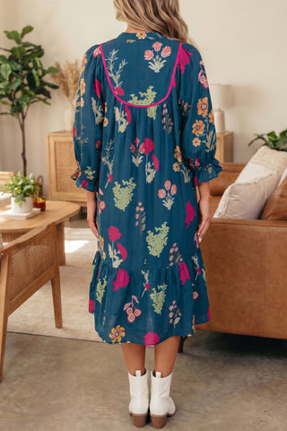 Luke & Estelle Midnight Bloom Gathered-Neck Midi Dress