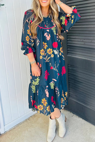 Luke & Estelle Midnight Bloom Gathered-Neck Midi Dress