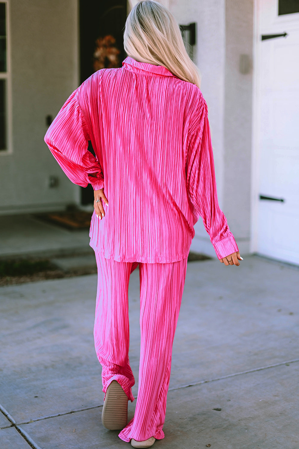 Hot Pink Pleated Power Set (Top + Pants)