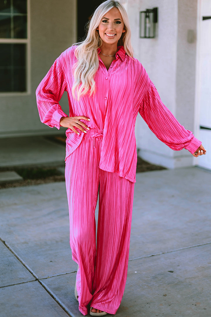 Hot Pink Pleated Power Set (Top + Pants)