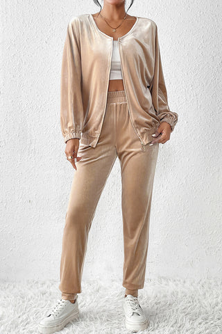 Luxe Velour Zip Jogger Set – Champagne Taupe ✨