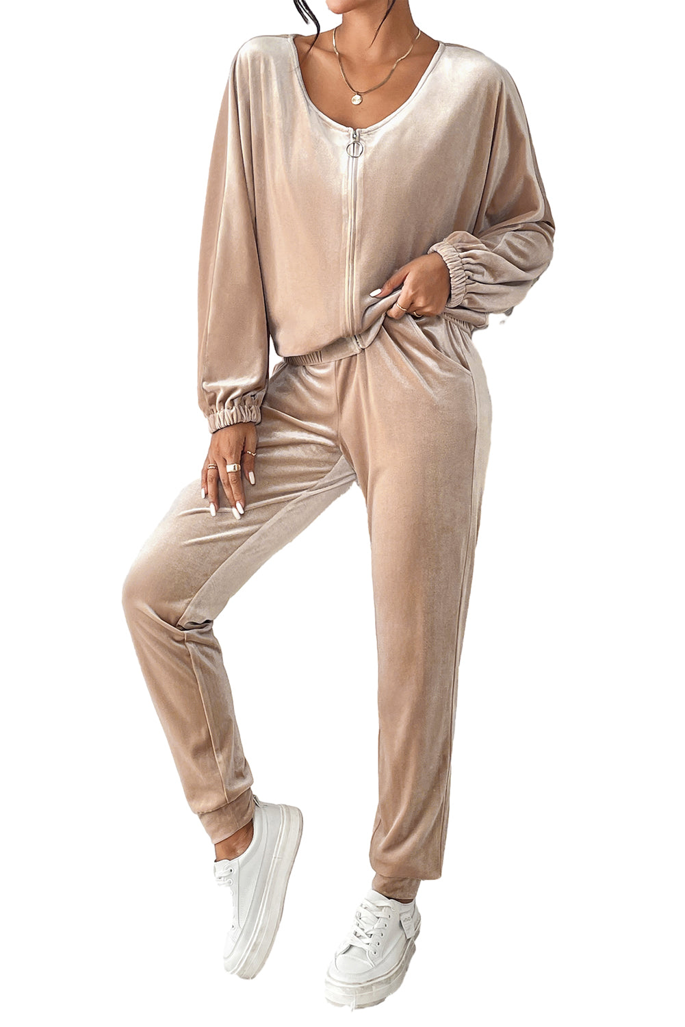 Luxe Velour Zip Jogger Set – Champagne Taupe ✨