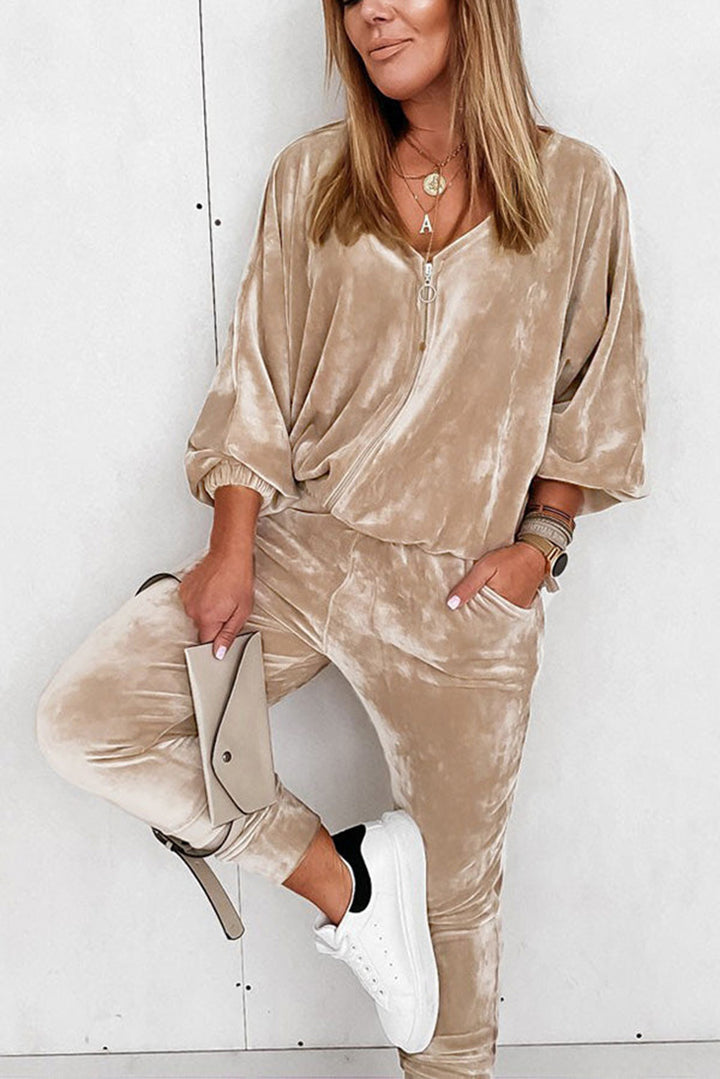 Luxe Velour Zip Jogger Set – Champagne Taupe ✨