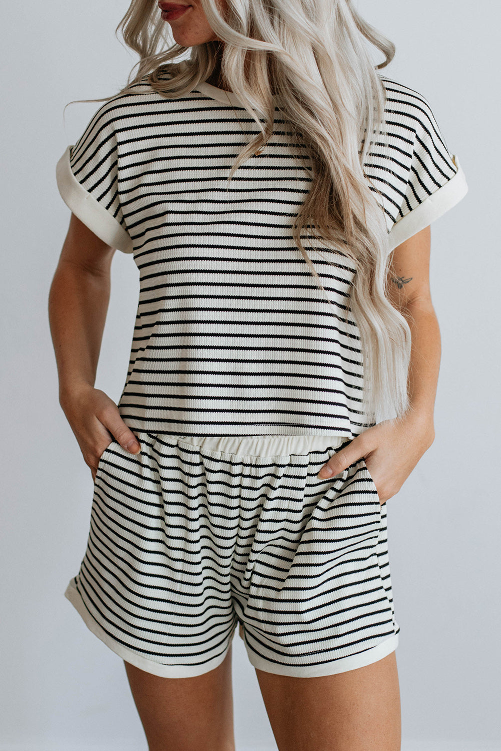 Chic & Comfy Striped Lounge Set – Two-Piece Knit Top & Shorts