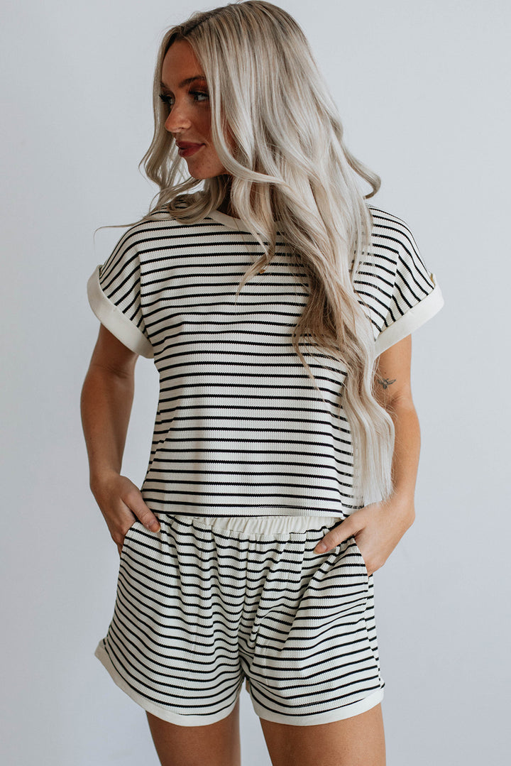 Chic & Comfy Striped Lounge Set – Two-Piece Knit Top & Shorts