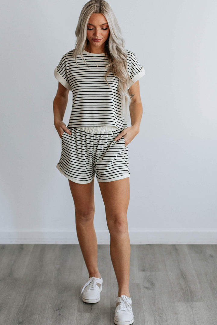 Chic & Comfy Striped Lounge Set – Two-Piece Knit Top & Shorts