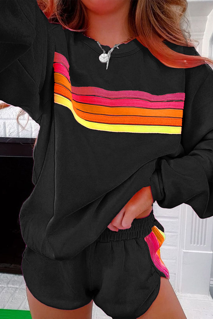 Black Colorful Striped Crewneck Sweatshirt and Shorts Two Piece Casual Set