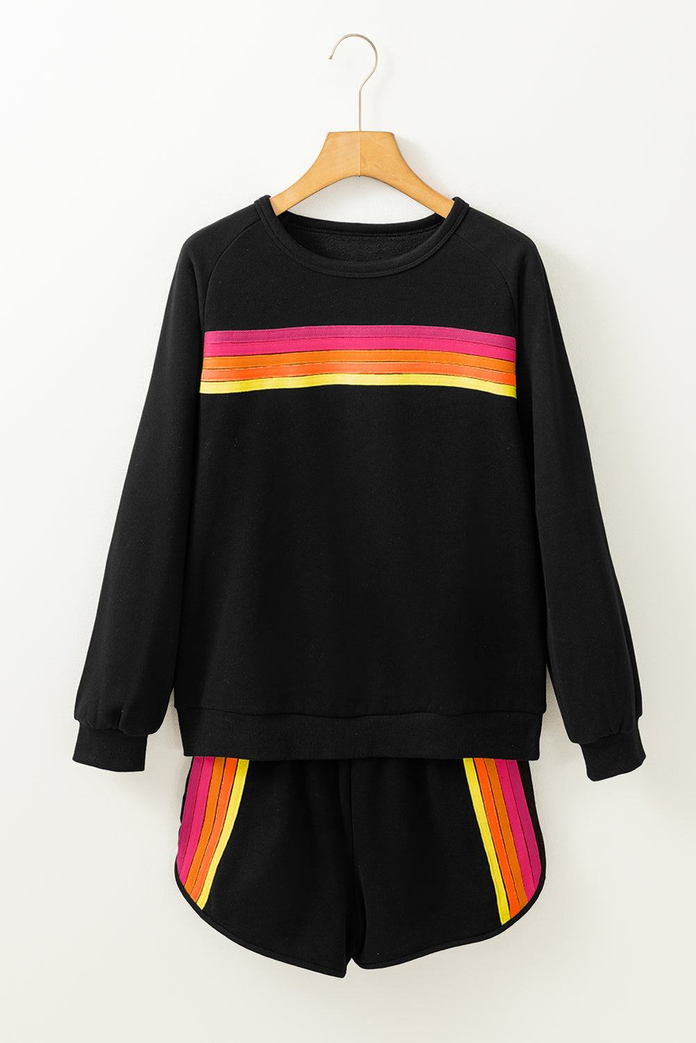 Black Colorful Striped Crewneck Sweatshirt and Shorts Two Piece Casual Set