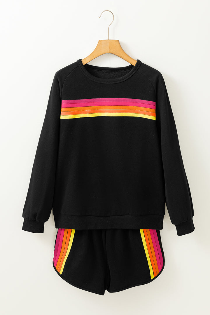 Black Colorful Striped Crewneck Sweatshirt and Shorts Two Piece Casual Set