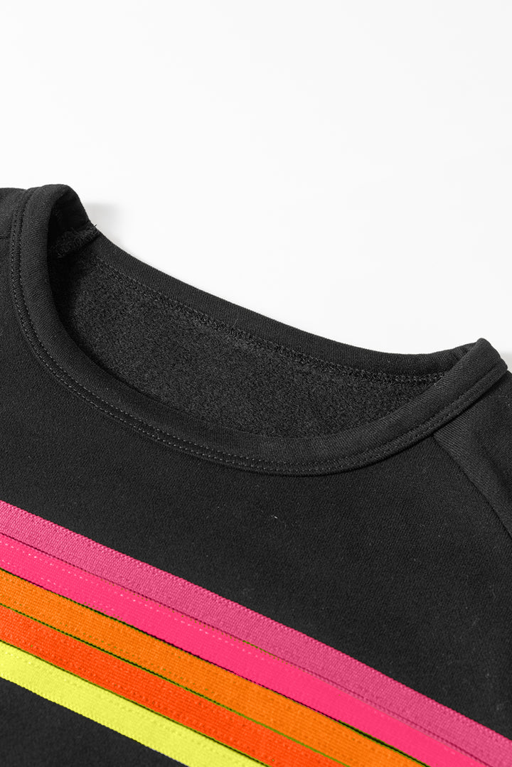 Black Colorful Striped Crewneck Sweatshirt and Shorts Two Piece Casual Set