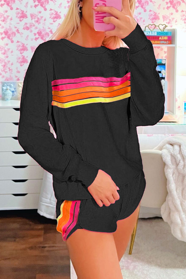 Black Colorful Striped Crewneck Sweatshirt and Shorts Two Piece Casual Set