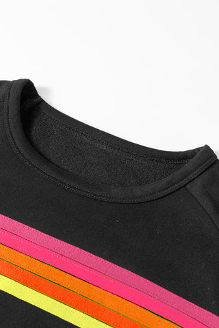 Black Colorful Striped Crewneck Sweatshirt and Shorts Two Piece Casual Set