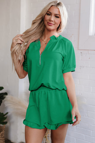 Summer-to-Fall Half-Zip Ruffle Skort Set — Emerald 💚