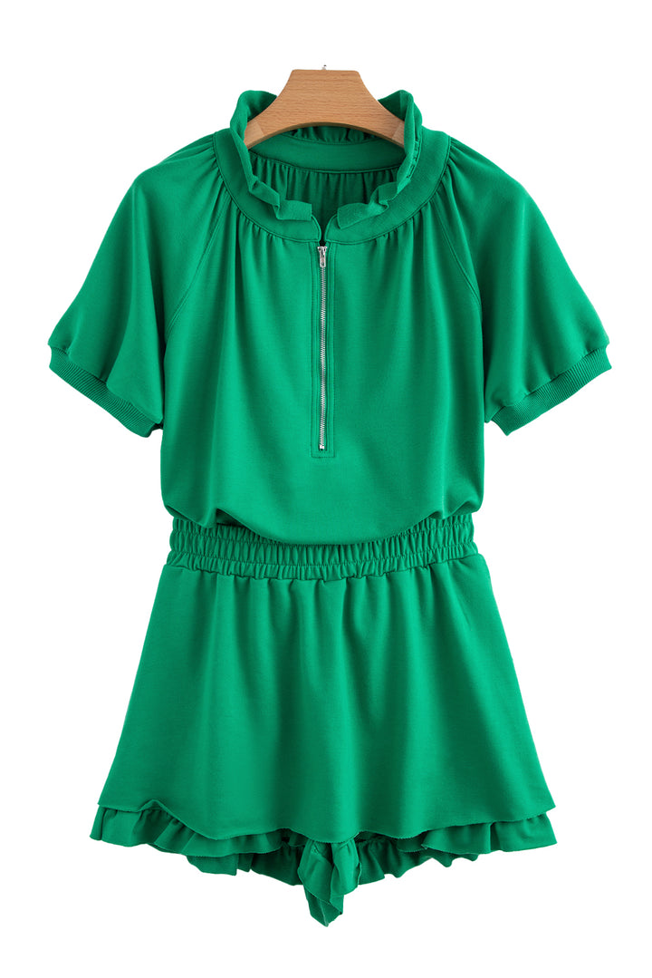 Summer-to-Fall Half-Zip Ruffle Skort Set — Emerald 💚
