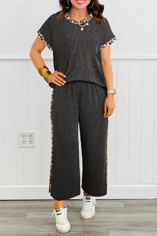 Effortless Edge Leopard Trim Lounge Set – Cropped Pant Set