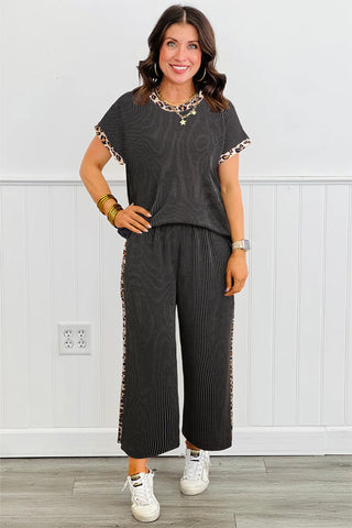 Effortless Edge Leopard Trim Lounge Set – Cropped Pant Set