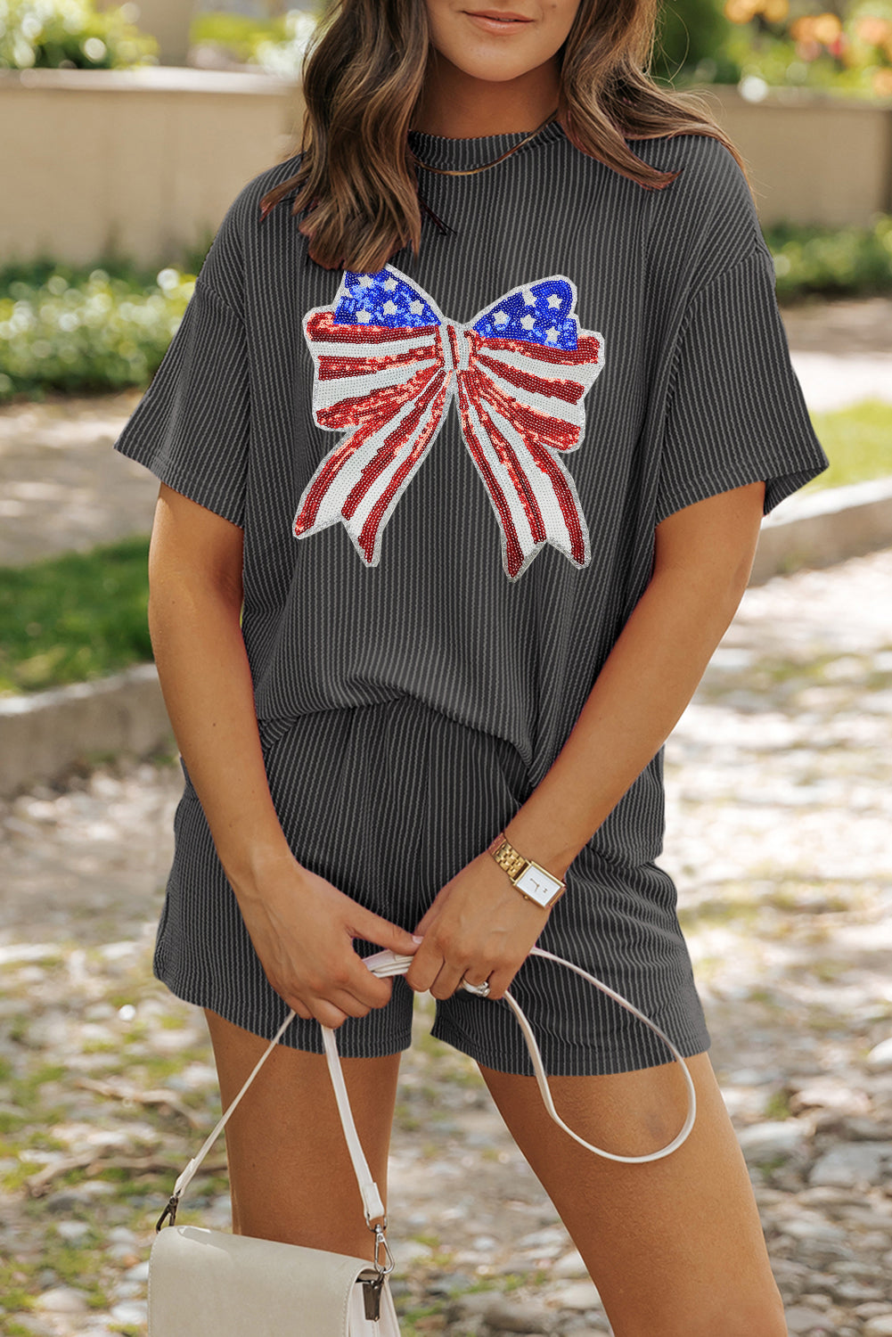 All-American Sparkle Bow Ribbed Short Set – Charcoal USA❤️🤍💙