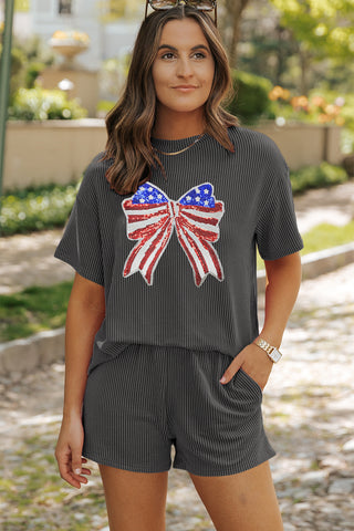 All-American Sparkle Bow Ribbed Short Set – Charcoal USA❤️🤍💙