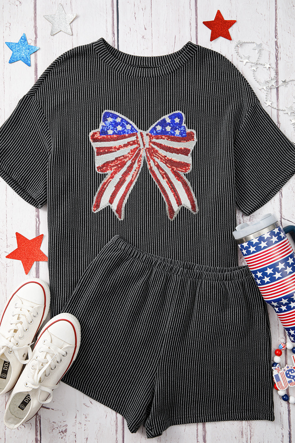 All-American Sparkle Bow Ribbed Short Set – Charcoal USA❤️🤍💙