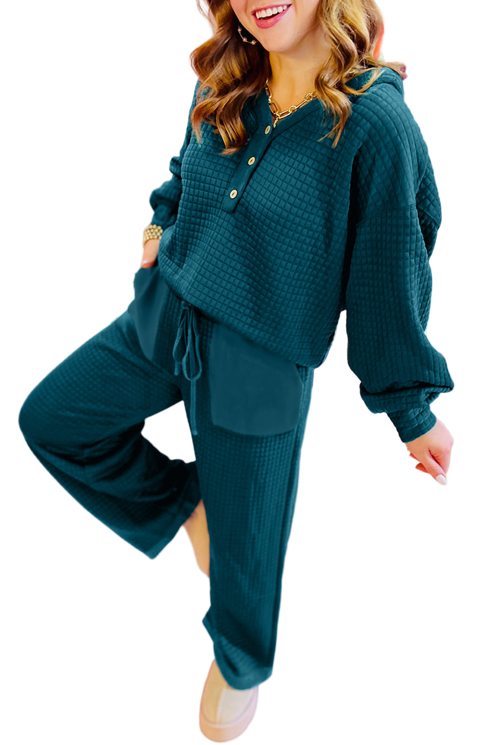 Luke & Estelle "Cozy Confidence" Waffle Knit Buttoned Lounge Set – Teal