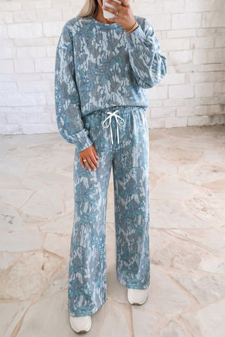 Blue abstract floral long-sleeve top and wide-leg pants two-piece set, front view