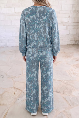 Blue Muse floral wide-leg set, side view showing drawstring waist