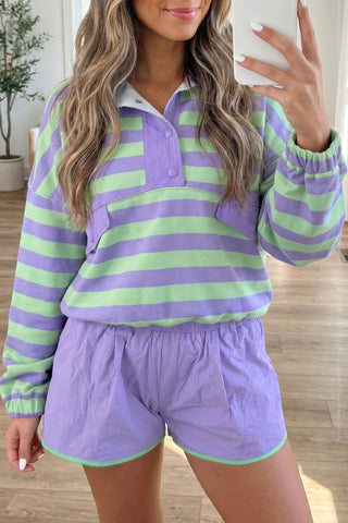 Luke & Estelle Lavender Lime Stripe Pullover Shorts Set