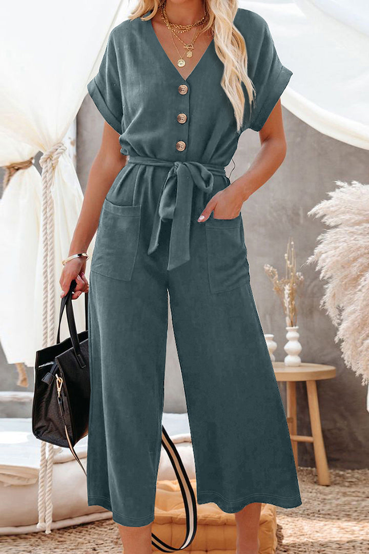 Pocket-Perfect Belted Button Jumpsuit – Slate Blue