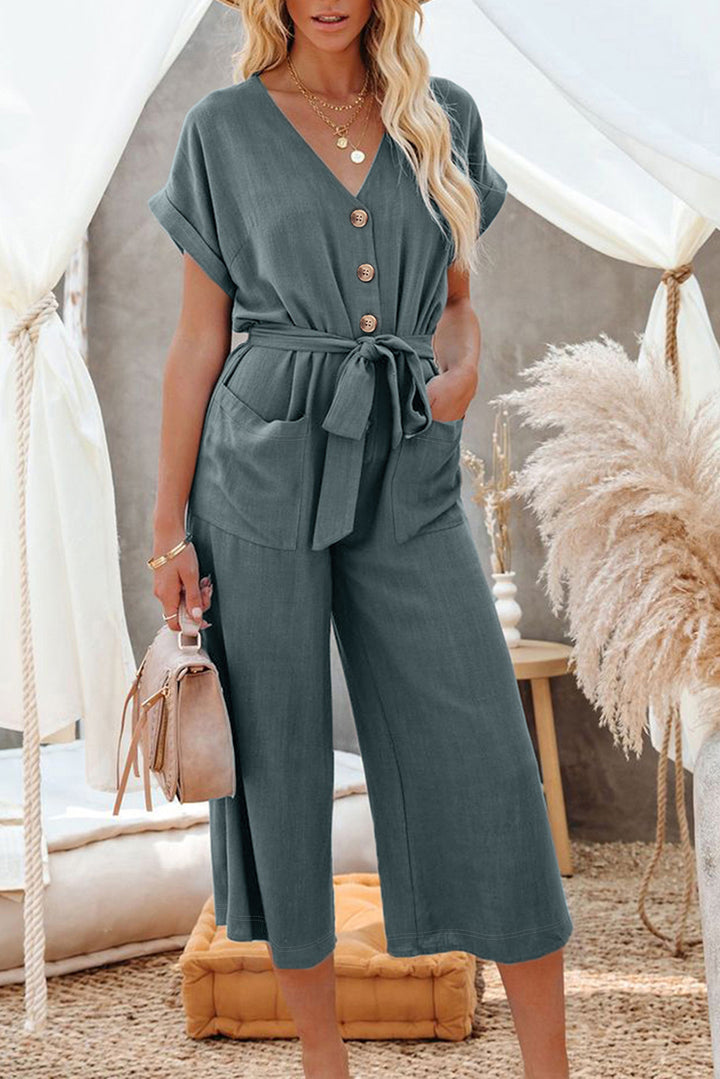 Pocket-Perfect Belted Button Jumpsuit – Slate Blue
