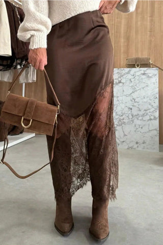 Luke & Estelle Autumn Grace Lace Hem Maxi Skirt | Dark Brown Boho Boutique Skirt