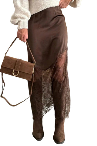 Luke & Estelle Autumn Grace Lace Hem Maxi Skirt | Dark Brown Boho Boutique Skirt