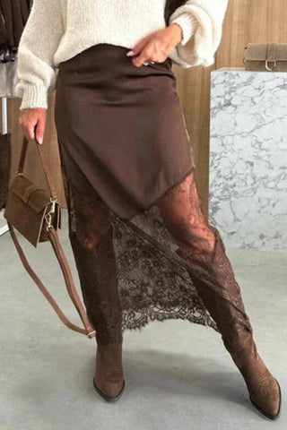 Luke & Estelle Autumn Grace Lace Hem Maxi Skirt | Dark Brown Boho Boutique Skirt