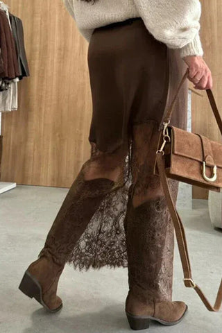 Luke & Estelle Autumn Grace Lace Hem Maxi Skirt | Dark Brown Boho Boutique Skirt