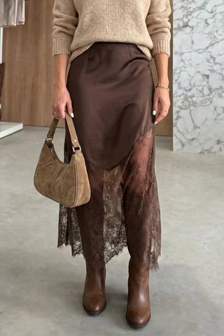 Luke & Estelle Autumn Grace Lace Hem Maxi Skirt | Dark Brown Boho Boutique Skirt