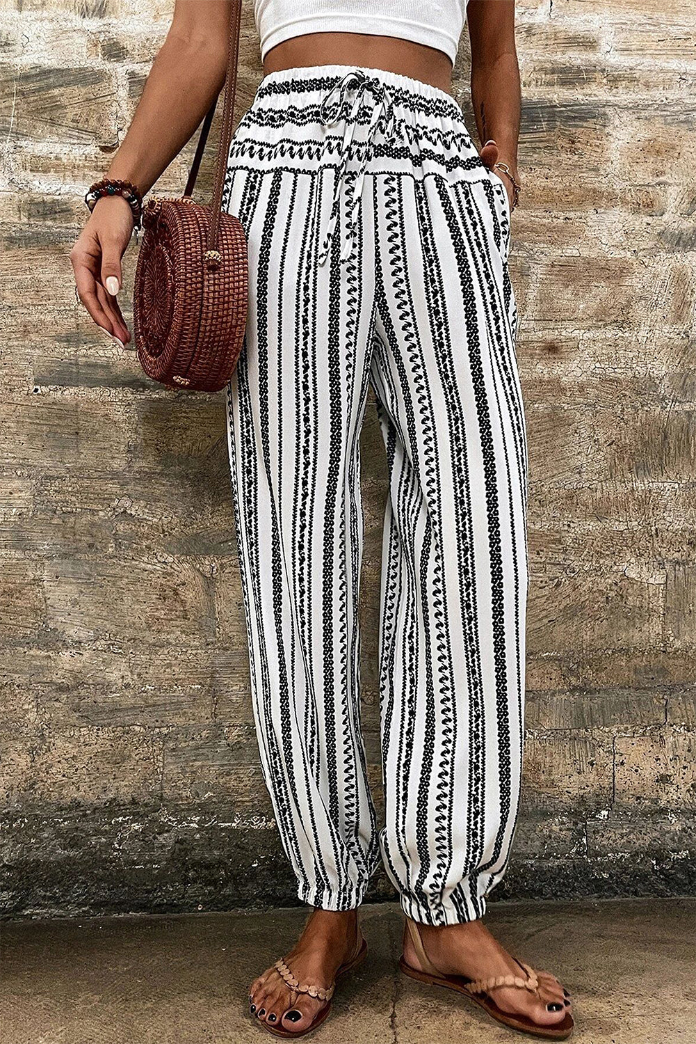 Lightweight Stripe Casual Pants – Black & White Drawstring Waist