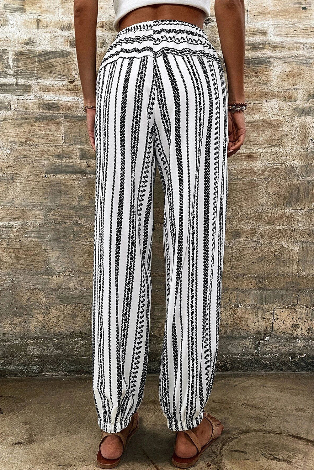 Lightweight Stripe Casual Pants – Black & White Drawstring Waist