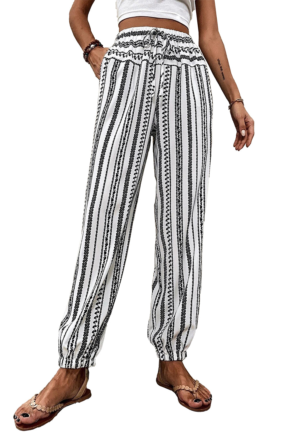 Lightweight Stripe Casual Pants – Black & White Drawstring Waist