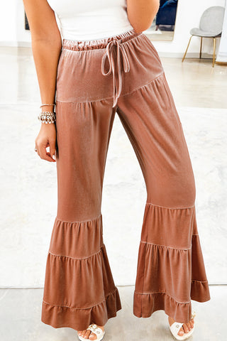 Velvet Ruffle Flares – Drawstring Lounge-To-Luxe Pants (Mocha Rose)