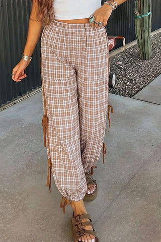 Luke & Estelle Side-Tied Plaid Wide-Leg Pants