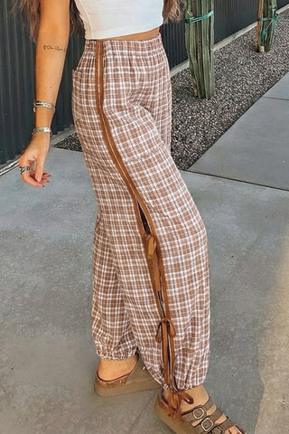 Luke & Estelle Side-Tied Plaid Wide-Leg Pants