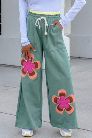 Luke & Estelle Sea Green Floral Appliqué Wide-Leg Drawstring Lounge Pants