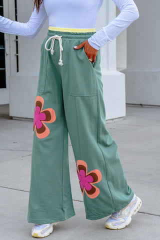 Luke & Estelle Sea Green Floral Appliqué Wide-Leg Drawstring Lounge Pants