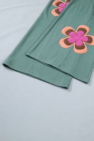 Luke & Estelle Sea Green Floral Appliqué Wide-Leg Drawstring Lounge Pants